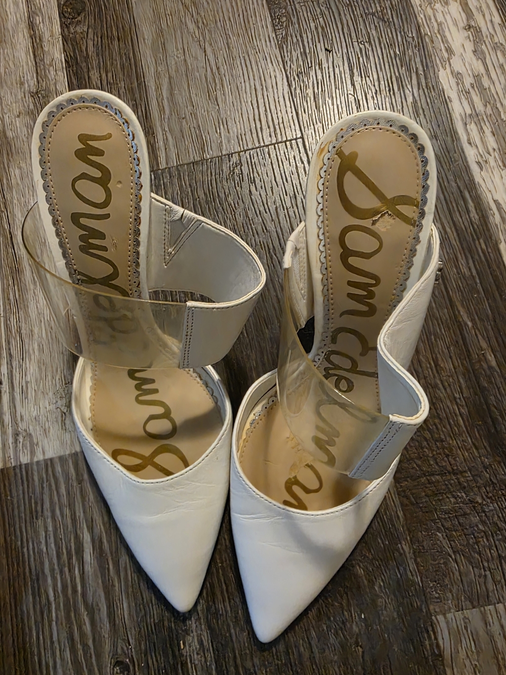 Sam Edelman White Pointed Toe Clear Strap Mules